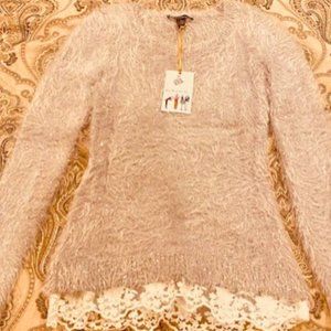 Fuzzy Sweater with Sequin Embellishments and Lace Trim